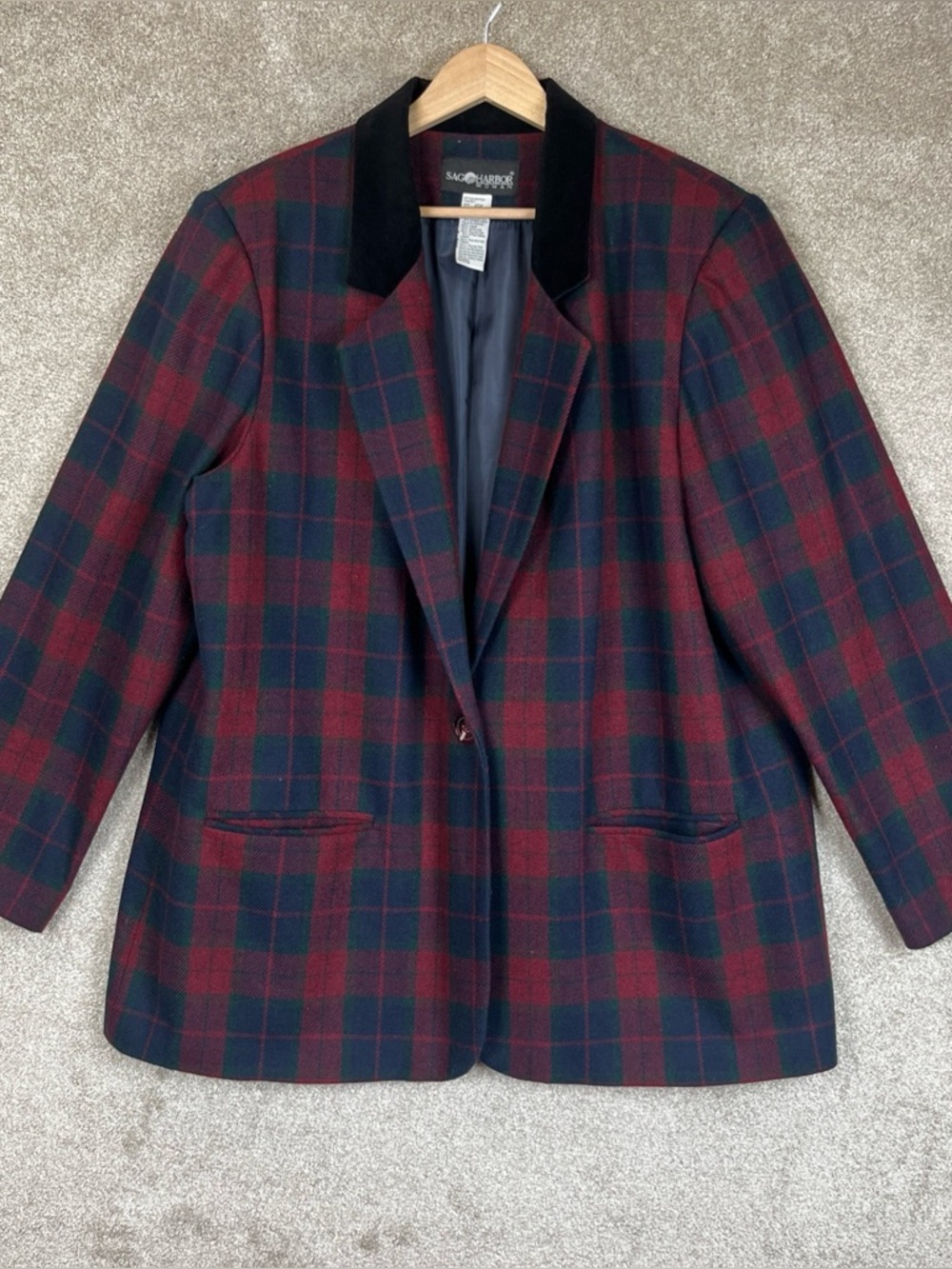 Sag Harbor Jacket Womens 20W Red Plaid Wool Blend Button Lined Blazer- 4693